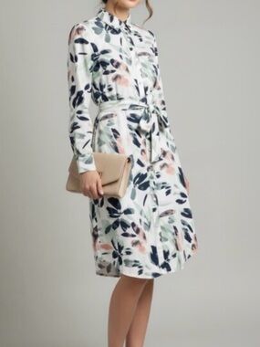 a new day White Long-Sleeve Belted Shirt Dress with Navy, Blush & Sage Print